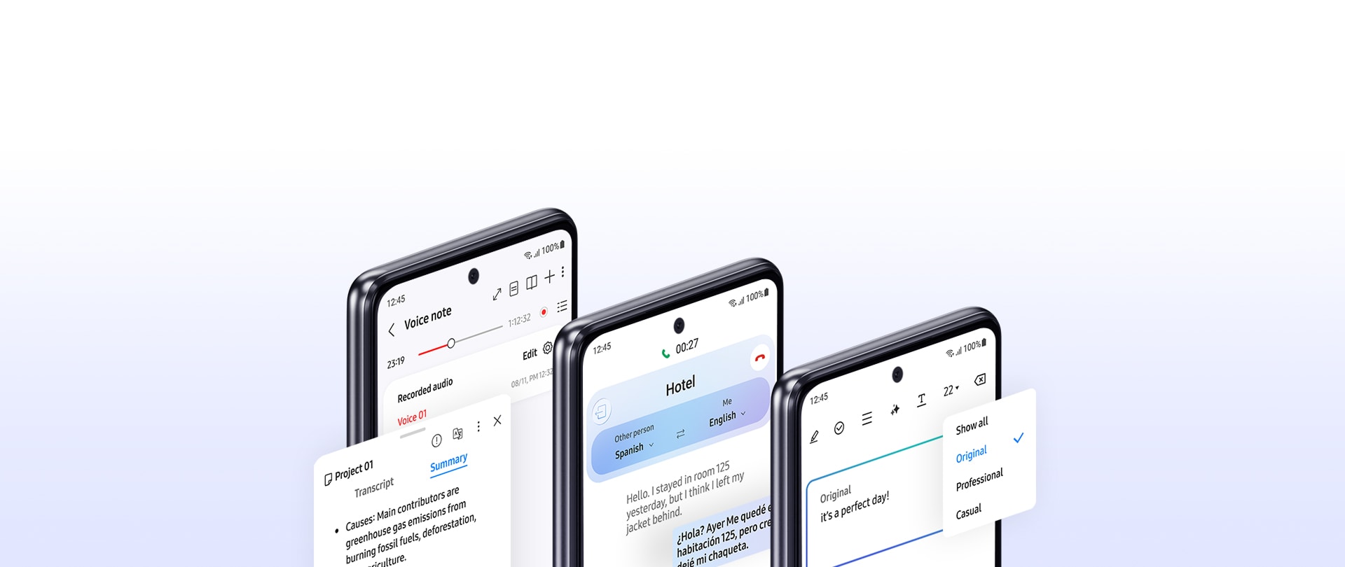 Three smartphones displaying Samsung AI features including voice note transcription, real-time translation, and writing style suggestions.