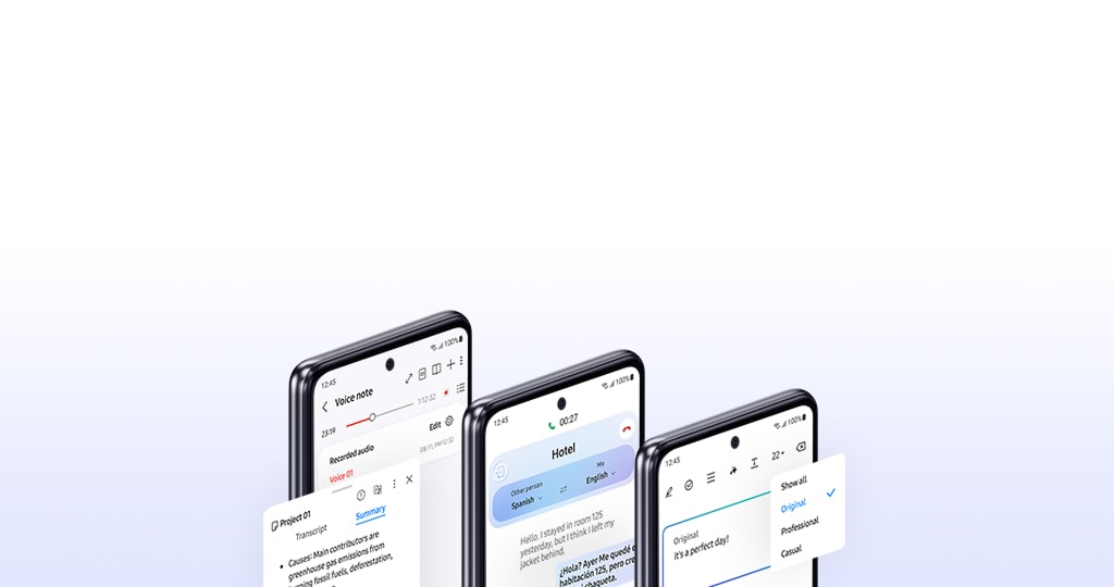 Three smartphones displaying Samsung AI features including voice note transcription, real-time translation, and writing style suggestions.