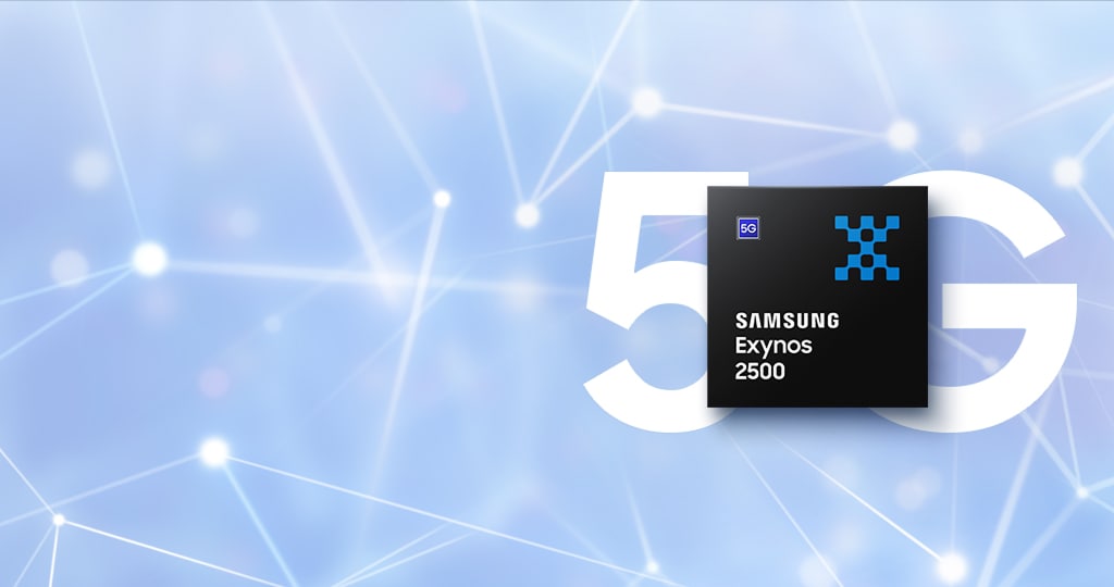 삼성 엑시노스 2500이 큼직한 흰색 "5G" 글자 앞에 눈에 띄게 배치되어 있으며, 배경은 고속 연결을 상징하는 디지털 네트워크 패턴으로 구성되어 있다.