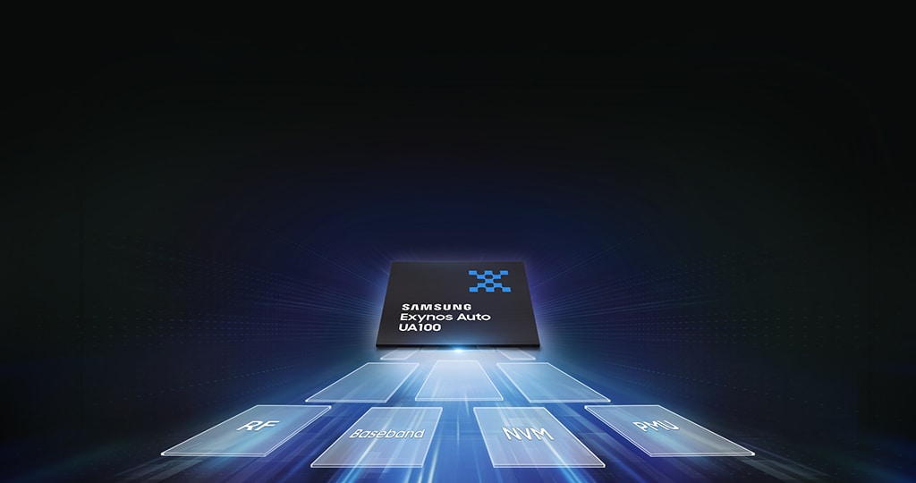 Exynos Auto UA100 is an integrated auto connectivity solution that brings RF, baseband, non-volatile memory (NVM), and a power management unit (PMU) together on a single chip.