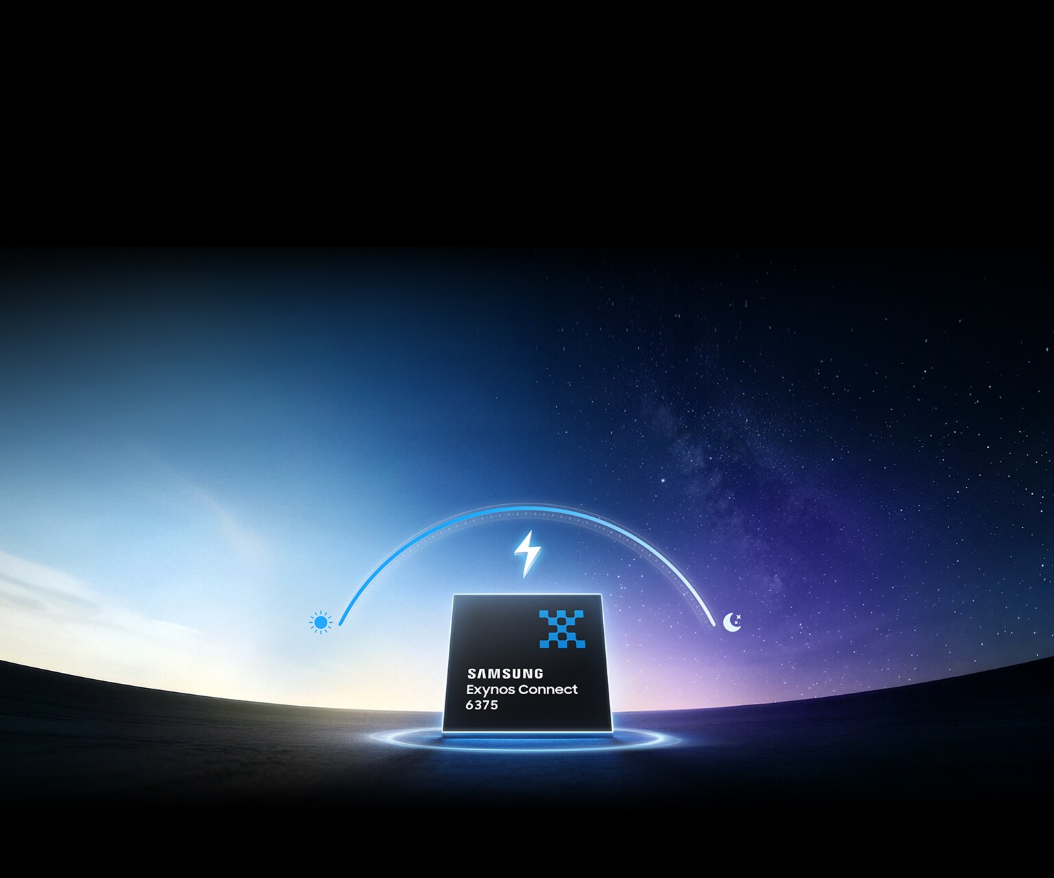 낮부터 밤으로 이어지는 배경과 번개 아이콘 앞에 놓인 삼성 엑시노스 커넥트 6375 칩셋으로, 우수한 전력 효율과 긴 배터리 수명을 강조.