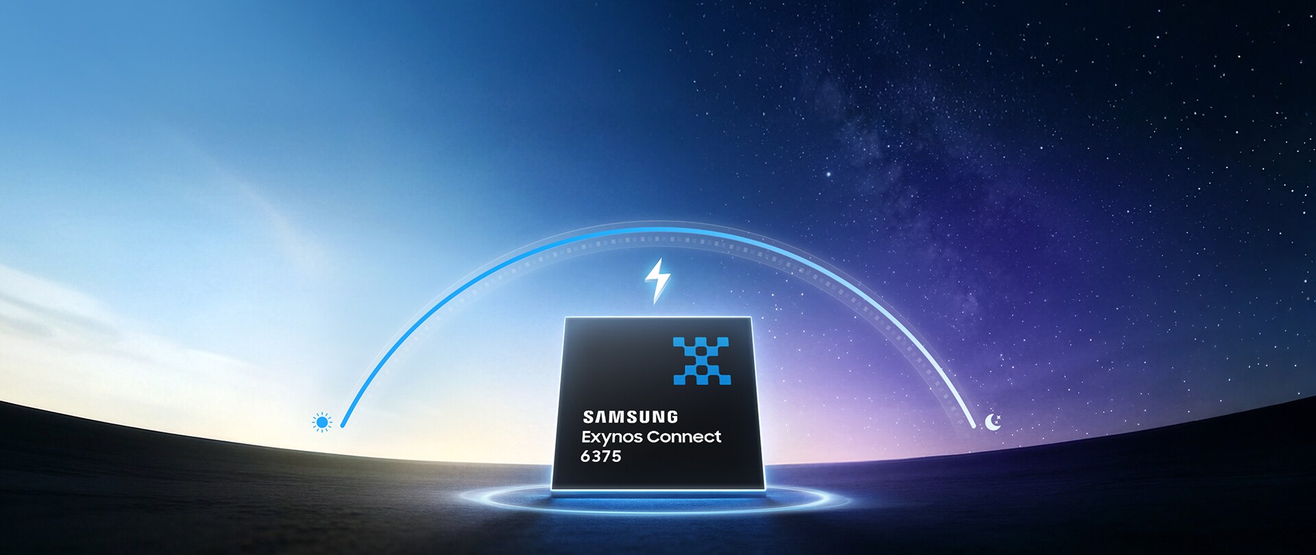 낮부터 밤으로 이어지는 배경과 번개 아이콘 앞에 놓인 삼성 엑시노스 커넥트 6375 칩셋으로, 우수한 전력 효율과 긴 배터리 수명을 강조.