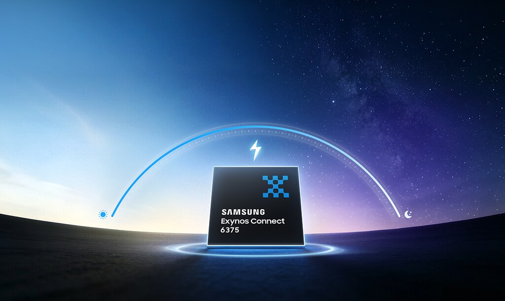 낮부터 밤으로 이어지는 배경과 번개 아이콘 앞에 놓인 삼성 엑시노스 커넥트 6375 칩셋으로, 우수한 전력 효율과 긴 배터리 수명을 강조.