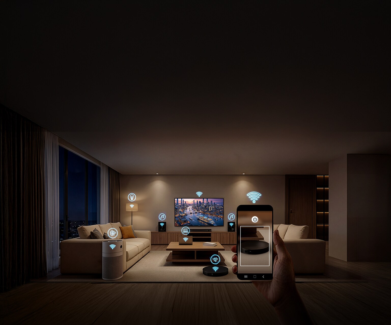 거실에서 TV, 스피커, 공기청정기 등 여러 기기가 Wi-Fi에 연결되어 있으며, 동시에 안정적으로 연결되는 모습을 시각화 