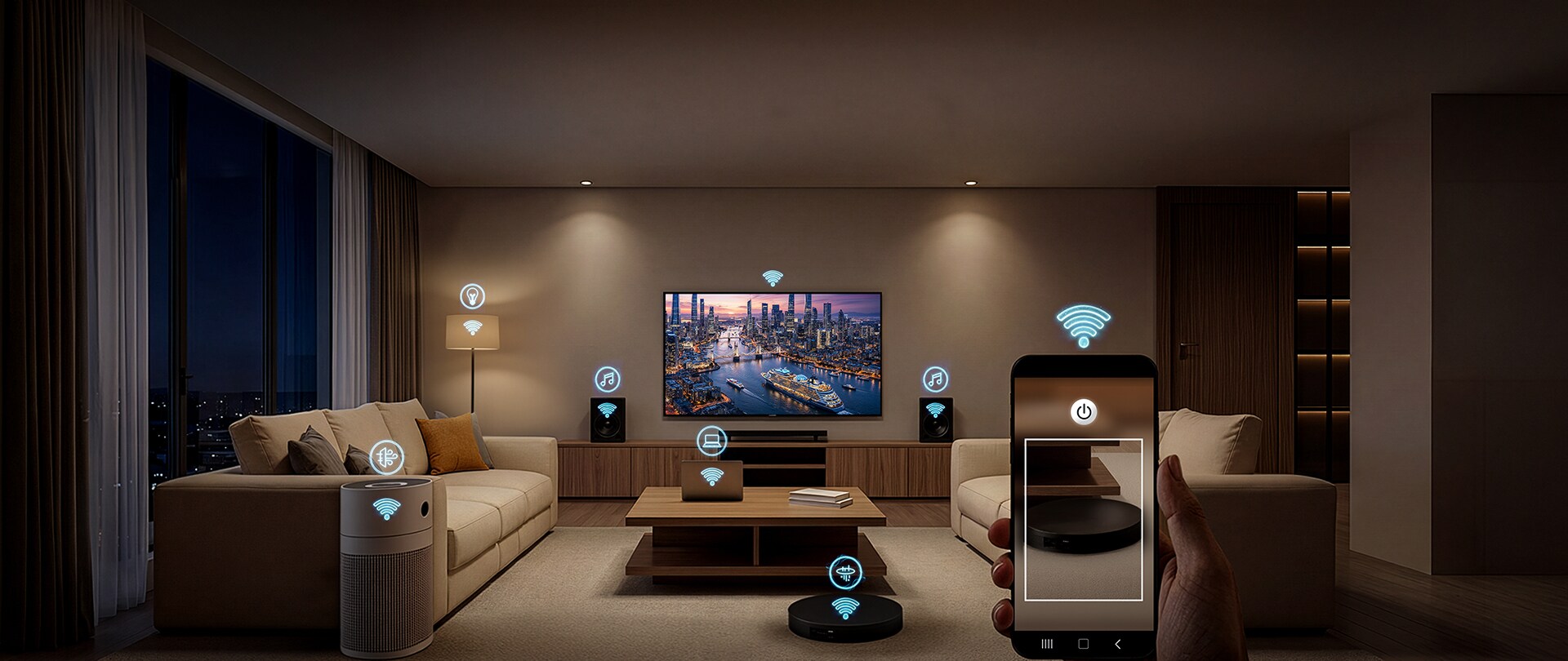 거실에서 TV, 스피커, 공기청정기 등 여러 기기가 Wi-Fi에 연결되어 있으며, 동시에 안정적으로 연결되는 모습을 시각화 