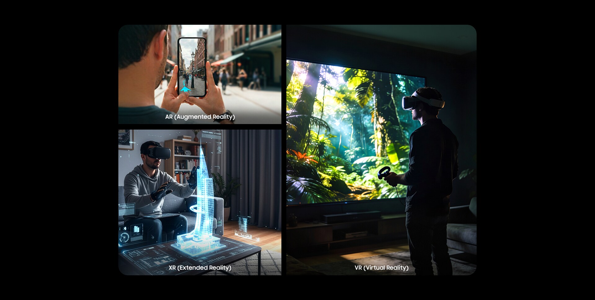 게임이나 영상 감상 중 블루투스의 정밀한 근접 인식과 동기화된 저지연 오디오를 강조하는 몰입형 AR/VR/XR 사용자 이미지