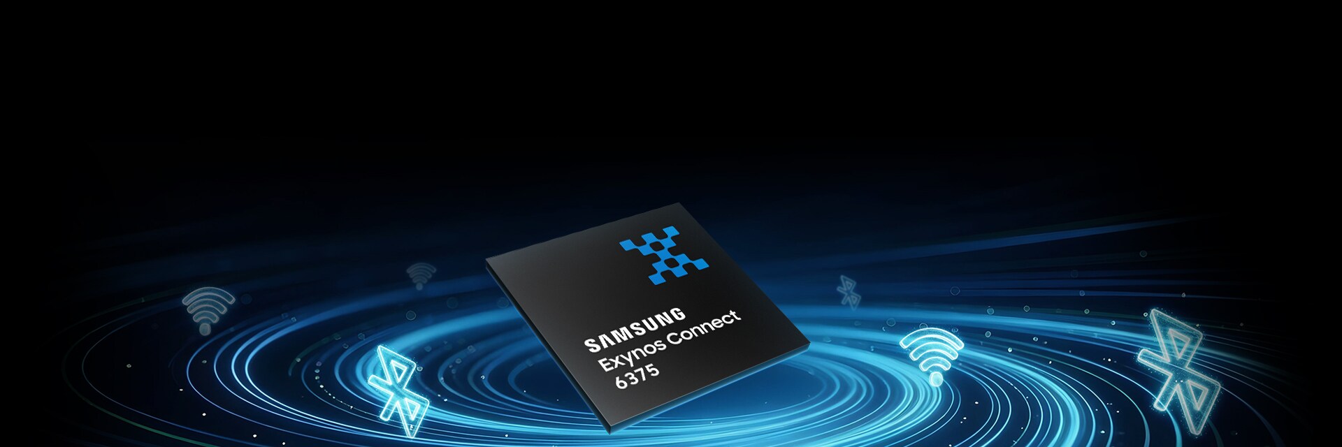 빠르고 안정적인 무선 연결을 상징하는 파란색 빛줄기 바탕에 Wi-Fi 및 블루투스 아이콘과 함께 떠 있는 삼성 엑시노스 커넥트(Exynos Connect) 6375 칩셋.