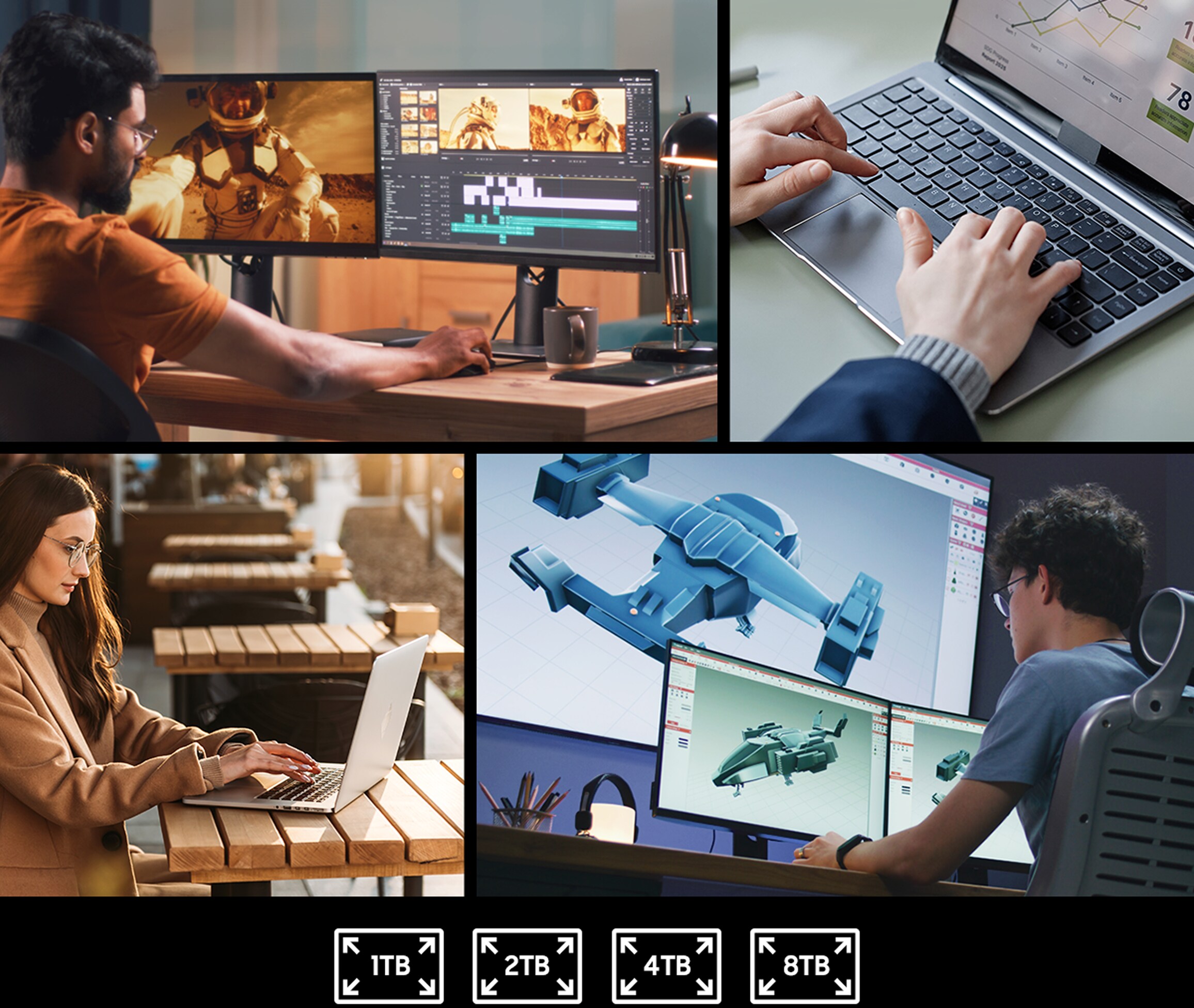Several cases of using desktop PC, laptop. Below, there are icons written by 1TB, 2TB, 4TB, and 8TB.