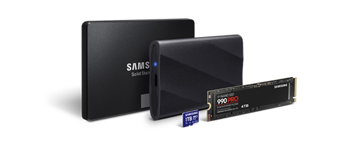 Among Samsung Semiconductor's memory products are internal SSDs like the 990 PRO, external SSDs such as the T7 Shield, USB flash drives, and memory cards.