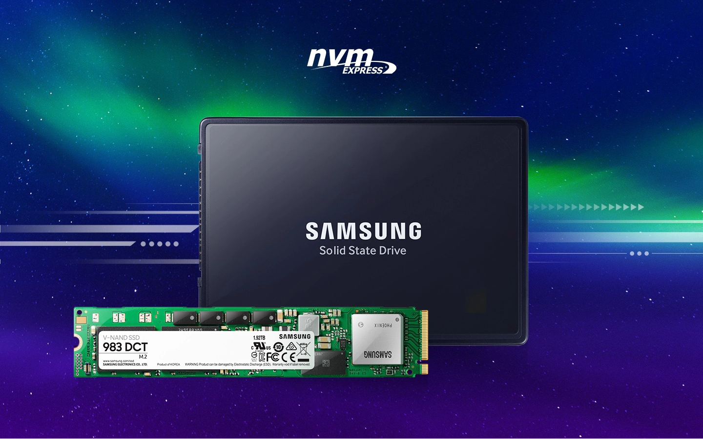 M.2 and 2.5 inch Samsung Data Center SSD 983 DCT with and NVM Express™ logos.