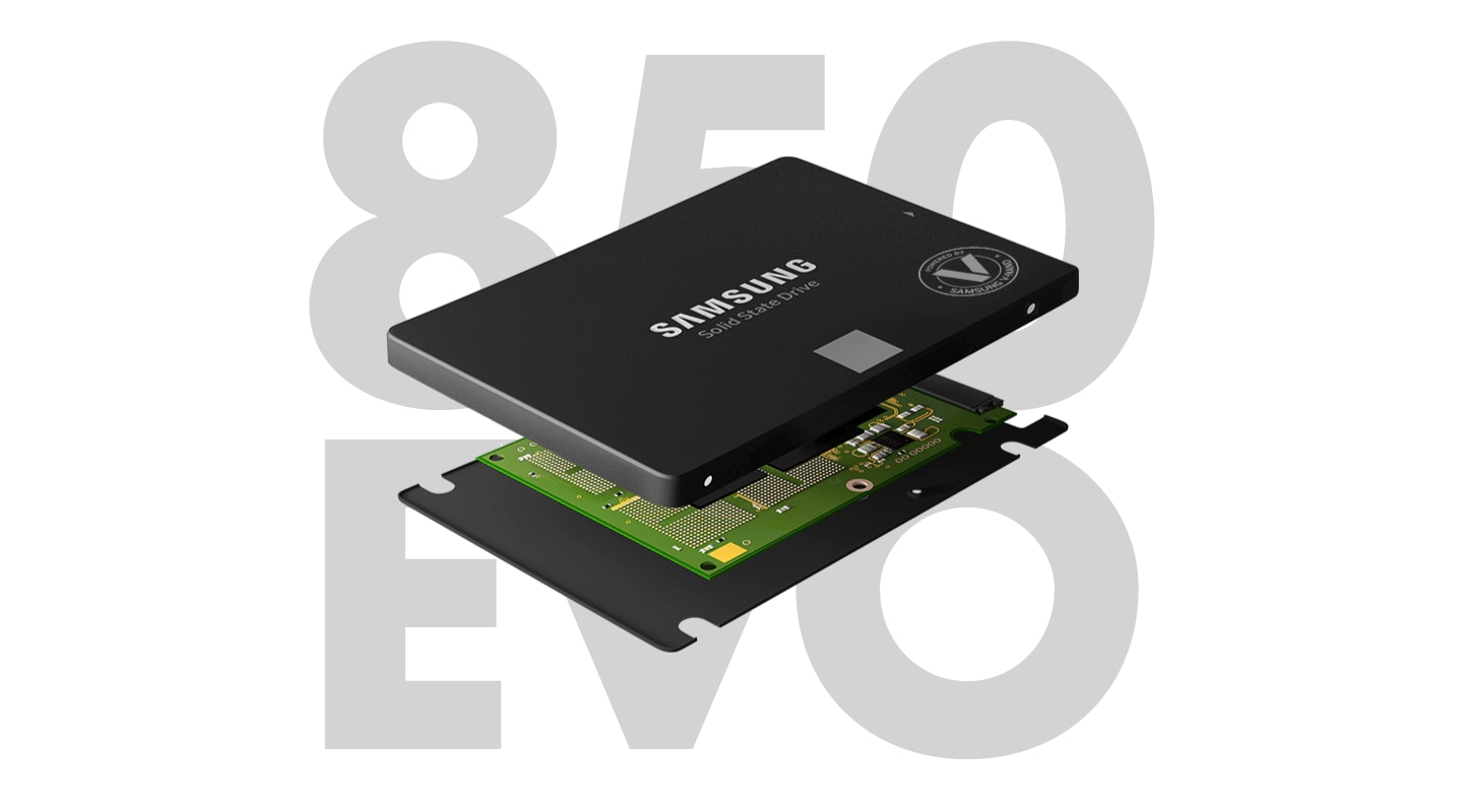 يظهر هيكل Samsung SSD الداخلي بالحركة مع خلفية 850 EVO