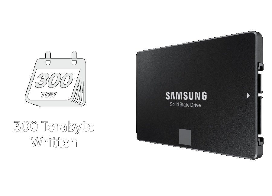 Samsung SSD 850 Evo'nun açılı görünümü ve kapağındaki metin, 300 terabayt yazılabileceğini açıklıyor