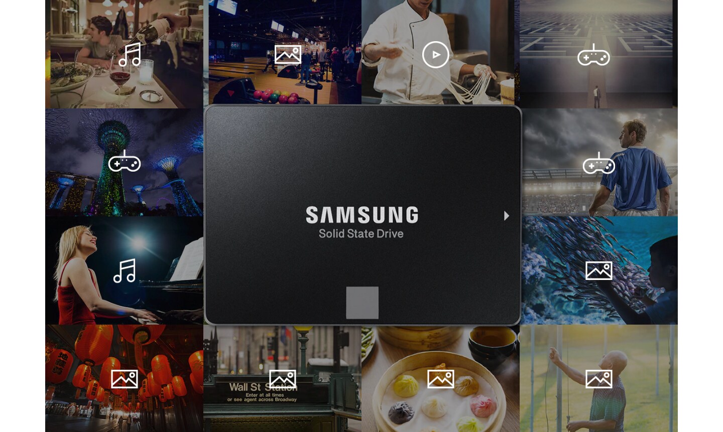 Samsung SSD, çeşitli günlük aktivitelerden kaynaklanan müzik, fotoğraflar, videolar ve oyunlar gibi bilgilerle ilişkilidir (performans, spor, yemek pişirme, yemek, açık hava etkinlikleri vb.)
