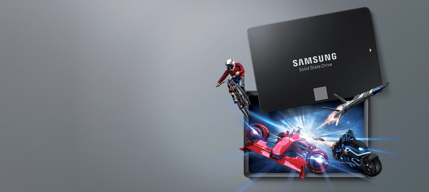 image shows the cover of Samsung SSD 850 EVO and images of a biker with bike, a F1 machine driver, a biker with motorcycle, and a combat plane come out from the inside of SSD.