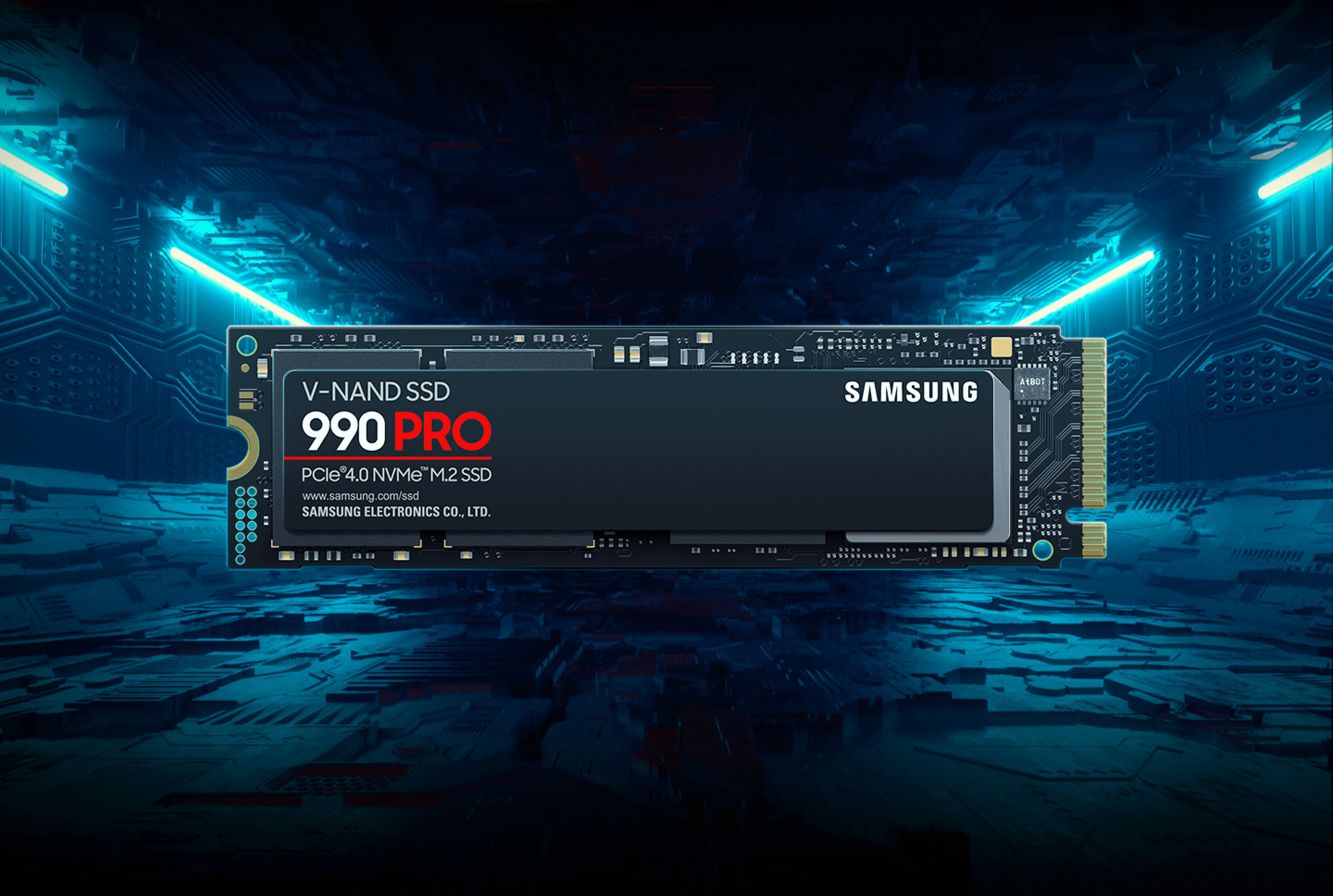 It is an image with the 990 PRO product in the center on the background of ouSamsung Semiconductor 990 PRO PCIe 4.0 NVMe M.2 V-NAND SSD