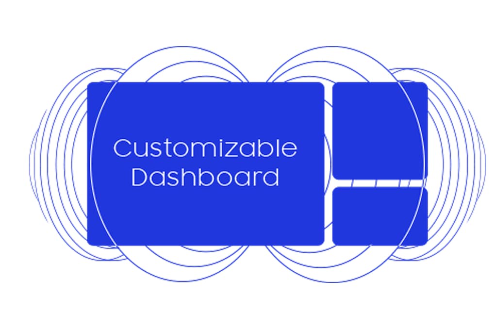 “Customizable Dashboard” text shown on a blue modular UI dashboard illustration.