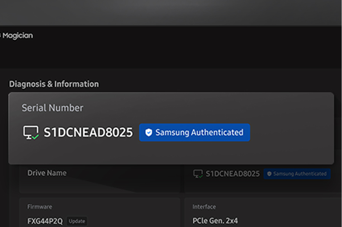 Using Genuine Authentication, the serial number can be seen to verify that your product is Samsung Authenticated.