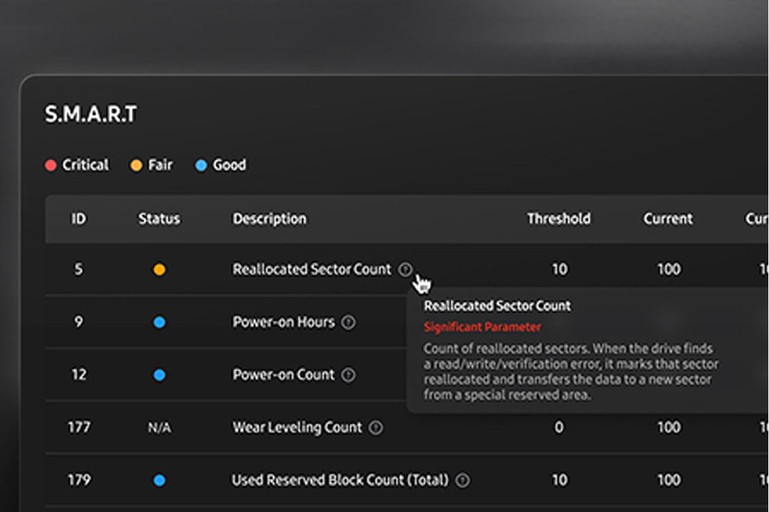 S.M.A.R.T Check is active and shows the overall condition of the drive, including Reallocated Sector Count, Power-on Hours and more.