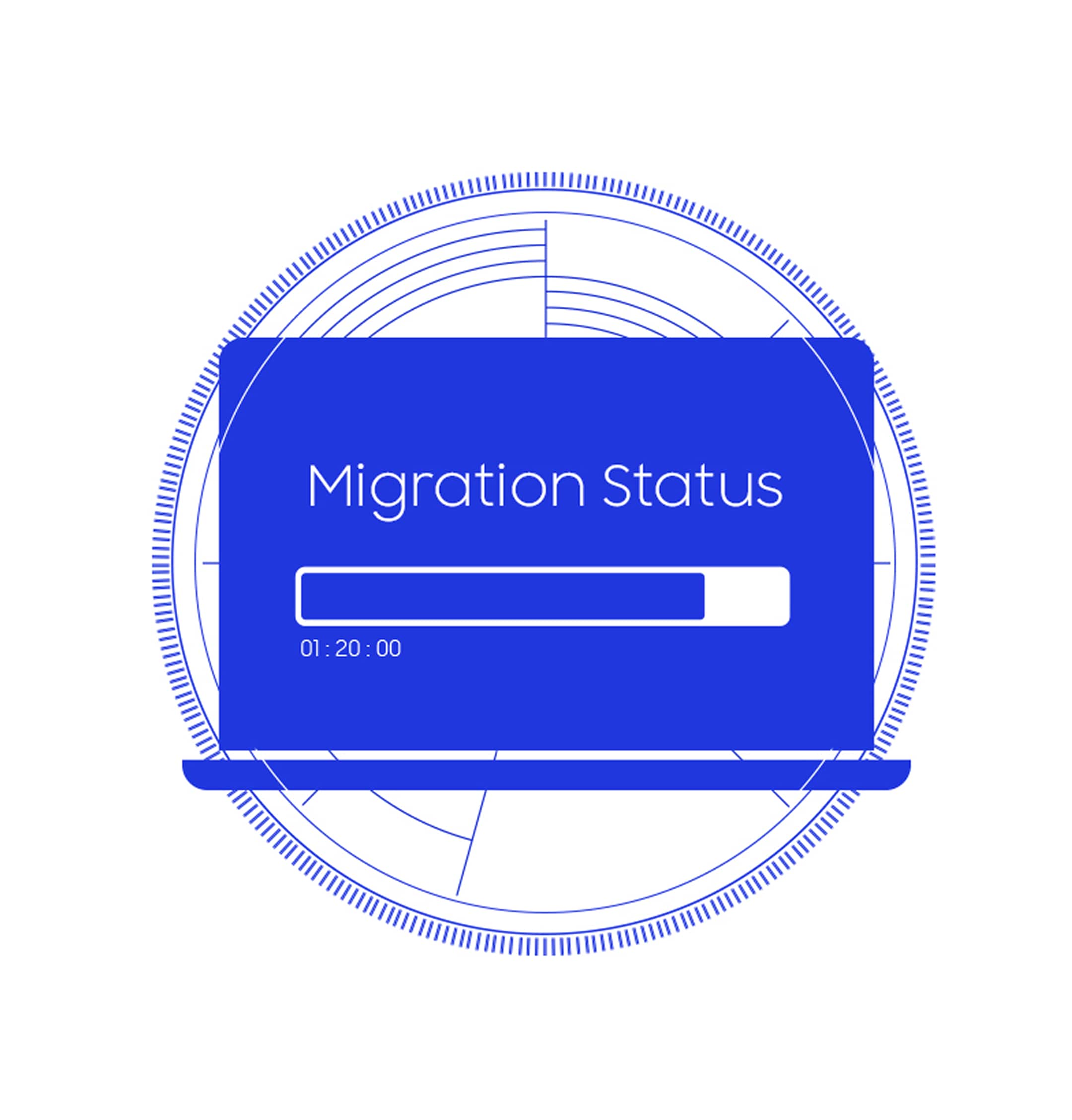 A laptop displays the words 'Migration Status' and a half-filled gauge.