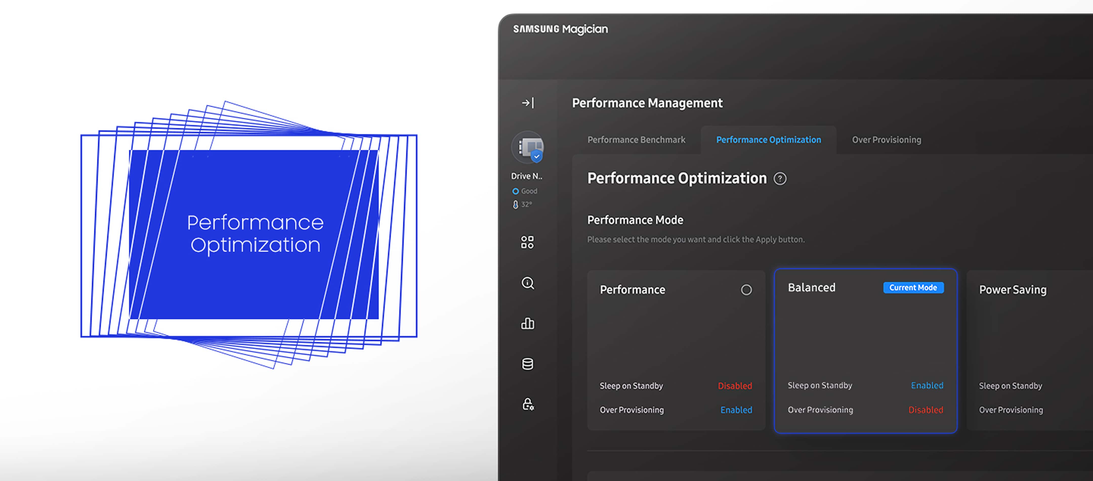 A laptop screen displays the Performance Optimization widget with 'Balanced' applied as the current mode. 