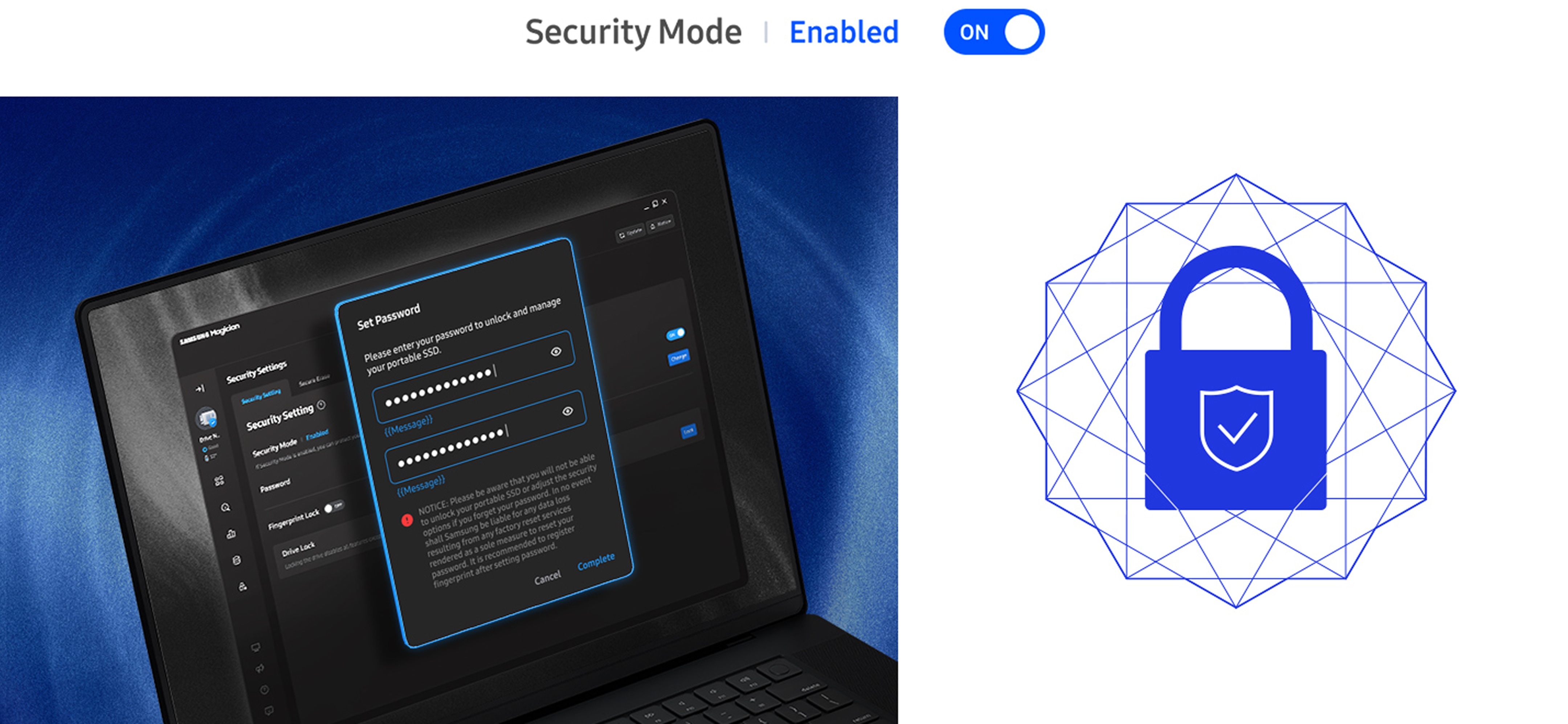On the left, a laptop displays the Magician 9 Security Settings menu and a 'Set Password' pop-up box. On the right, a closed padlock with a security and tick icon in the middle. At the top, the text reads: Security Mode Enabled, ON.