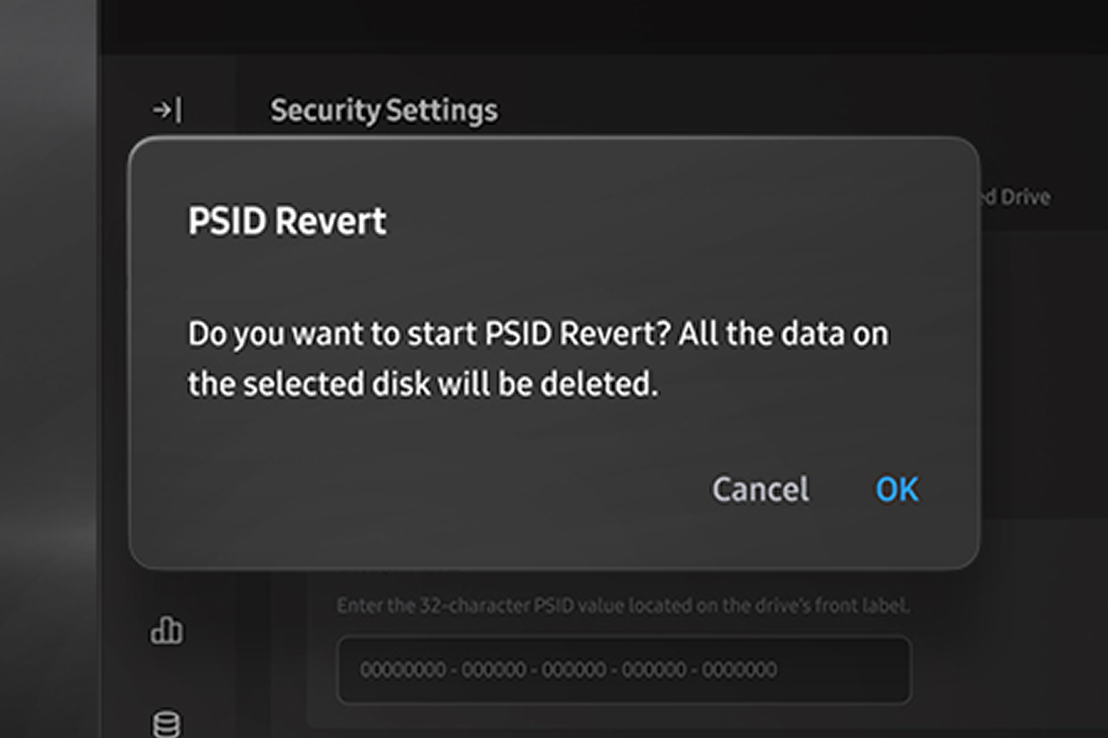 The user has requested to activate PSID Revert, and the system is asking for confirmation.