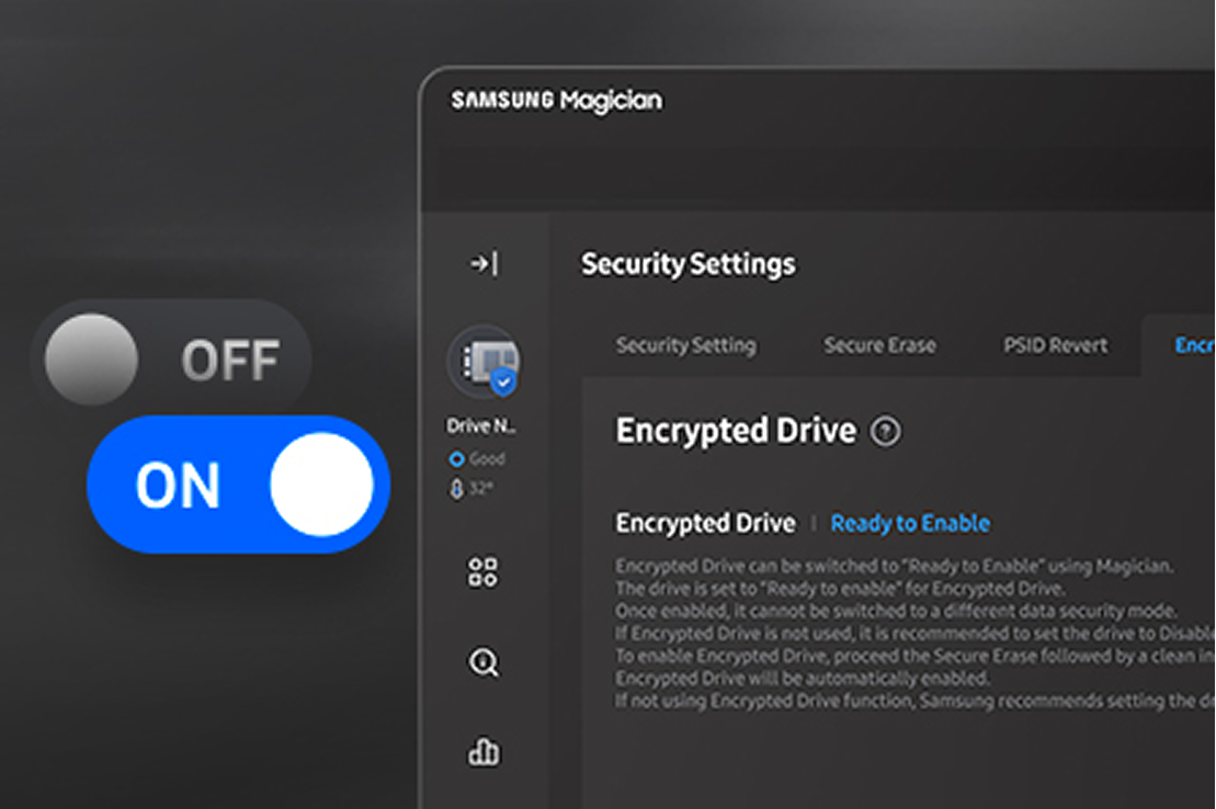 Encrypted Drive is seen in Security Settings and can easily be toggled on and off.