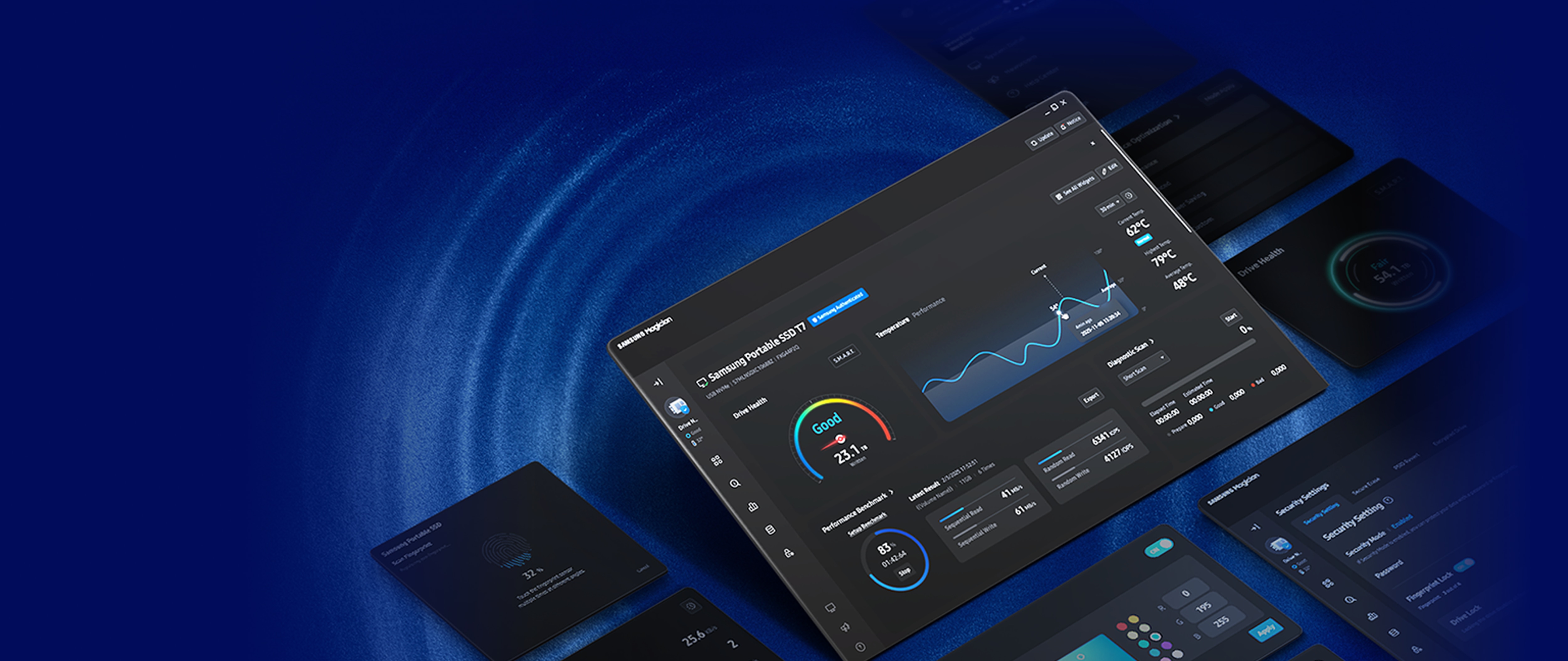A screen displays the Samsung Magician 9.0 software dashboard, and Magician 9.0 widget tiles surround the screen. In the top left corner, the text reads: Your memory. Your way. Your rules. Magician 9.0.