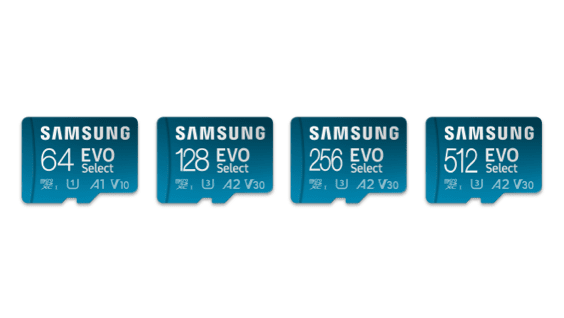 Samsung Semiconductor's microSD Card EVO Select is available in capacities of 64GB, 128GB, 256GB, and 512GB.