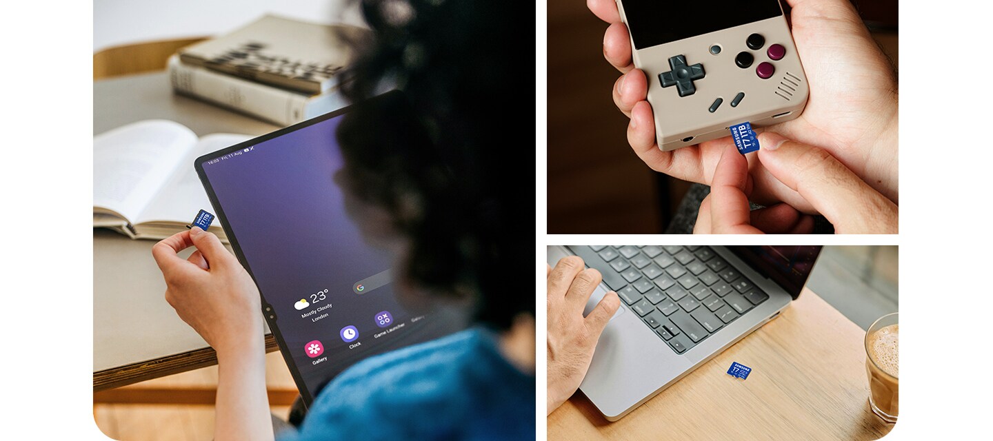 左側では、女性がタブレットに T7 microSD カードを差し込んでいます。右上では、携帯型ゲーム機に T7 microSD カードを差し込んでいます。右下では、T7 microSD カードがラップトップの横に置かれています。