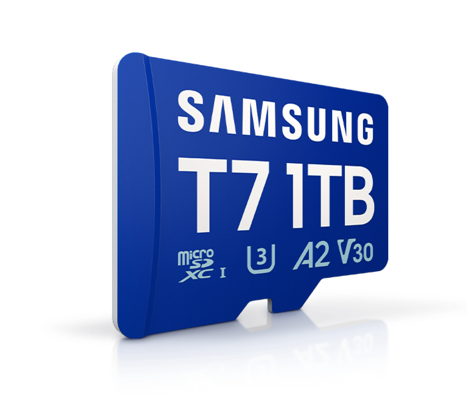 T7 microSD Cardは白い背景に立っています。「シーケンシャルリード速度」と「最大170MB/秒」の文字の横に速度ゲージアイコンがあり、「容量」と「128GB/256GB/512GB/1TB」の文字の横に四角いアイコンがあります。
        