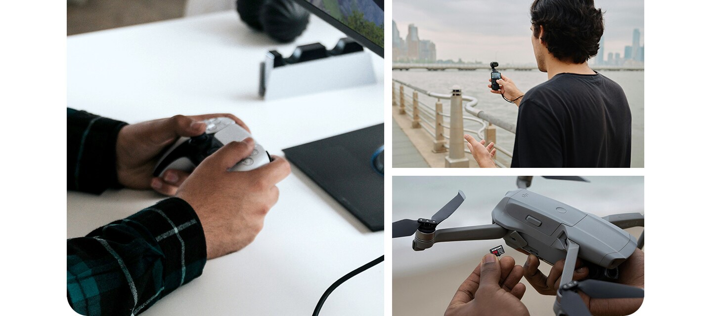 3 枚のパネルからなるコラージュには、机の上でゲームコントローラーを使用する手、水辺の手すりのそばで手持ちカメラで撮影する人、小型ドローンに microSD カードを差し込む手などが描かれています。