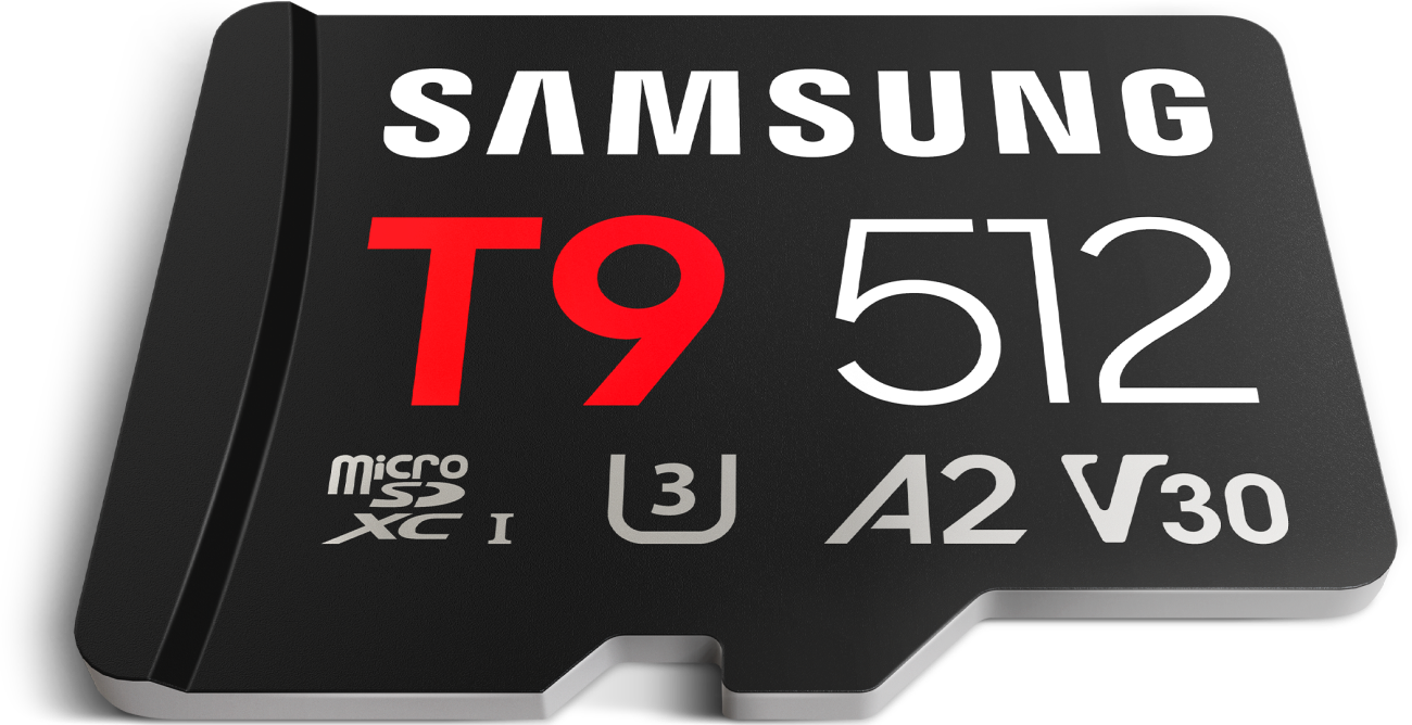 T9 microSDカードは白い背景に平らに置かれています。「シーケンシャルリード/ライト速度」と「最大200MB/秒、130MB/秒」の文字の横に速度ゲージアイコンがあり、「容量」と「128GB/256GB/512GB」の文字の横に四角いアイコンがあります。