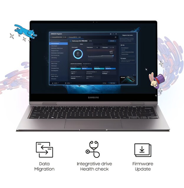 A Samsung laptop displaying the Samsung Magician software interface, with icons below for data migration, drive health check, and firmware update.