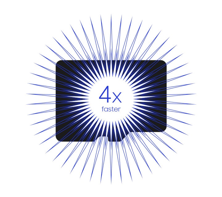 The text 4x faster is surrounded by a circular spike pattern. Behind, there is a dark silhouette of a microSD card and spikes protrude from the silhouette in a circular pattern.