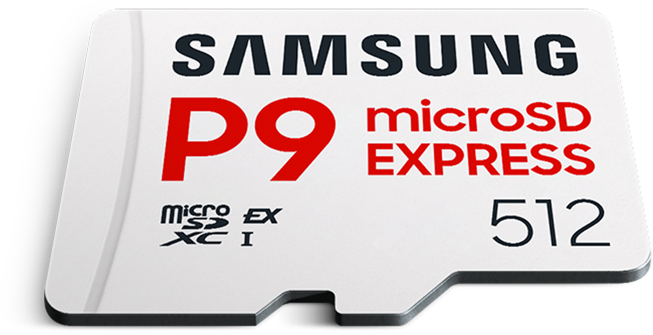 'The microSD Express Card P9 Express lies flat on a white background. A speed gauge icon is next to the words Sequential read and up to 800MB/s. A square icon is next to the words Capacity and 256GB, 512GB.