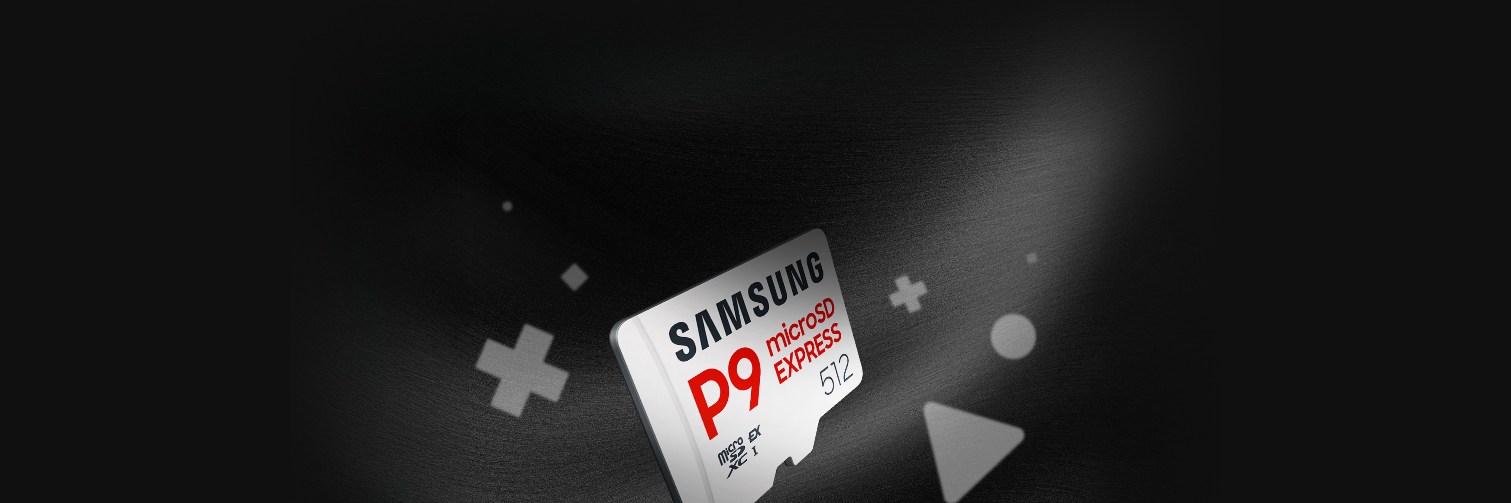 'The microSD Express Card P9 Express appears to be floating over a black background, angled towards the screen. The action button icons are visible behind in black and white. The bottom left corner reads P9 Express.