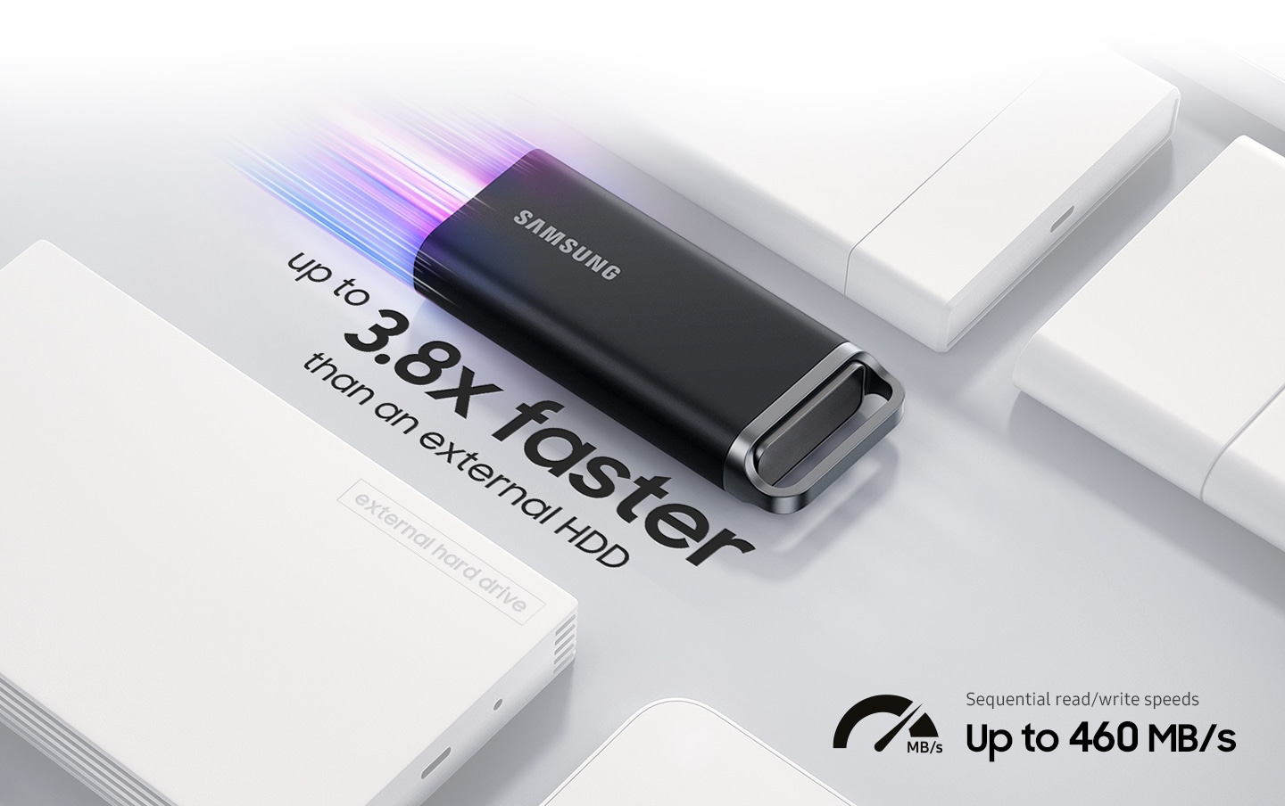The T5 EVO showcases sequential read and write speeds of up to 460MB/s. It's engineered for productivity, delivering performance 3.8 times faster than standard external ssd.