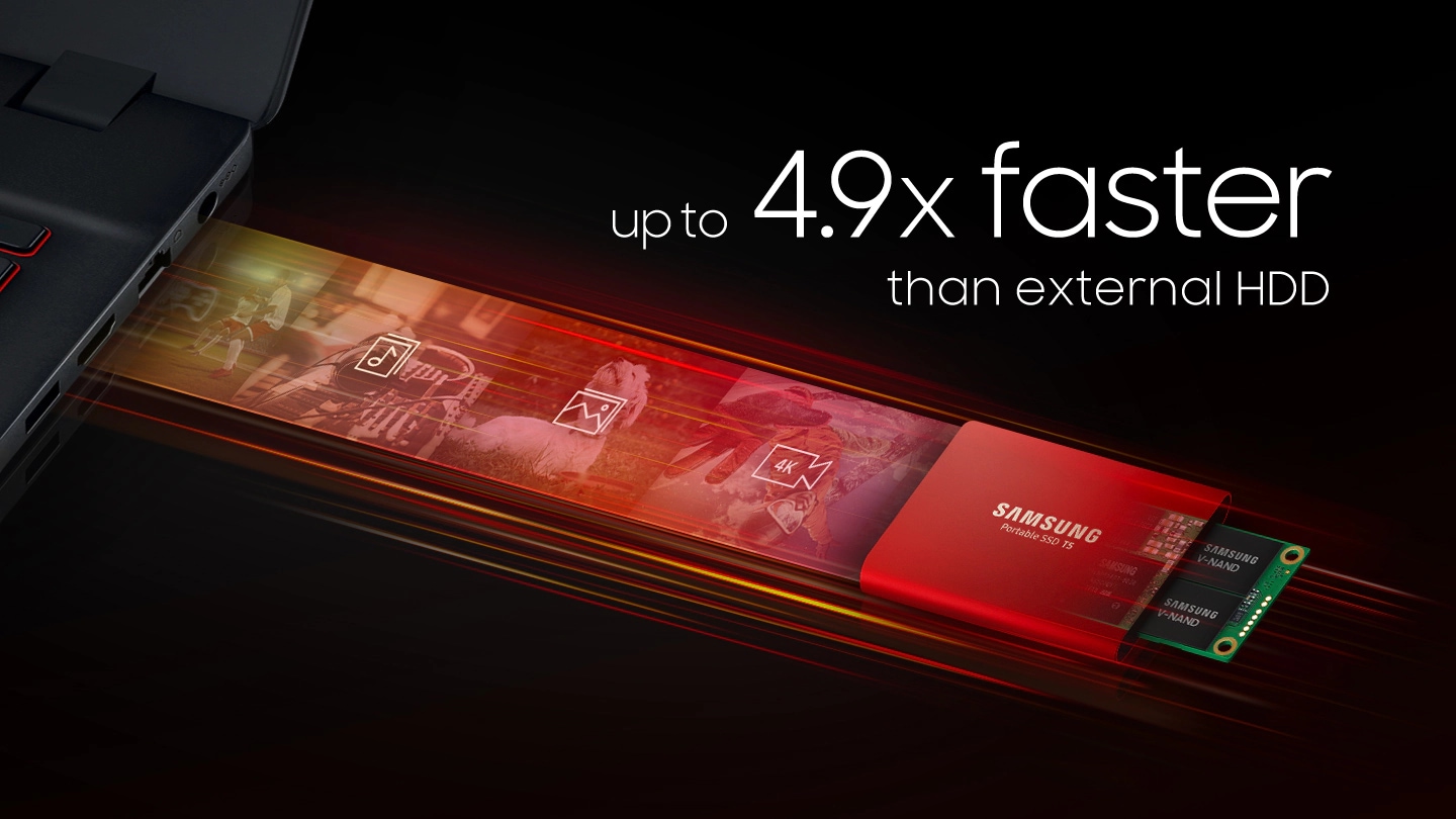 Samsung Portable SSD T5 Fast transfer speeds; up to 4.9x faster than external HDD.