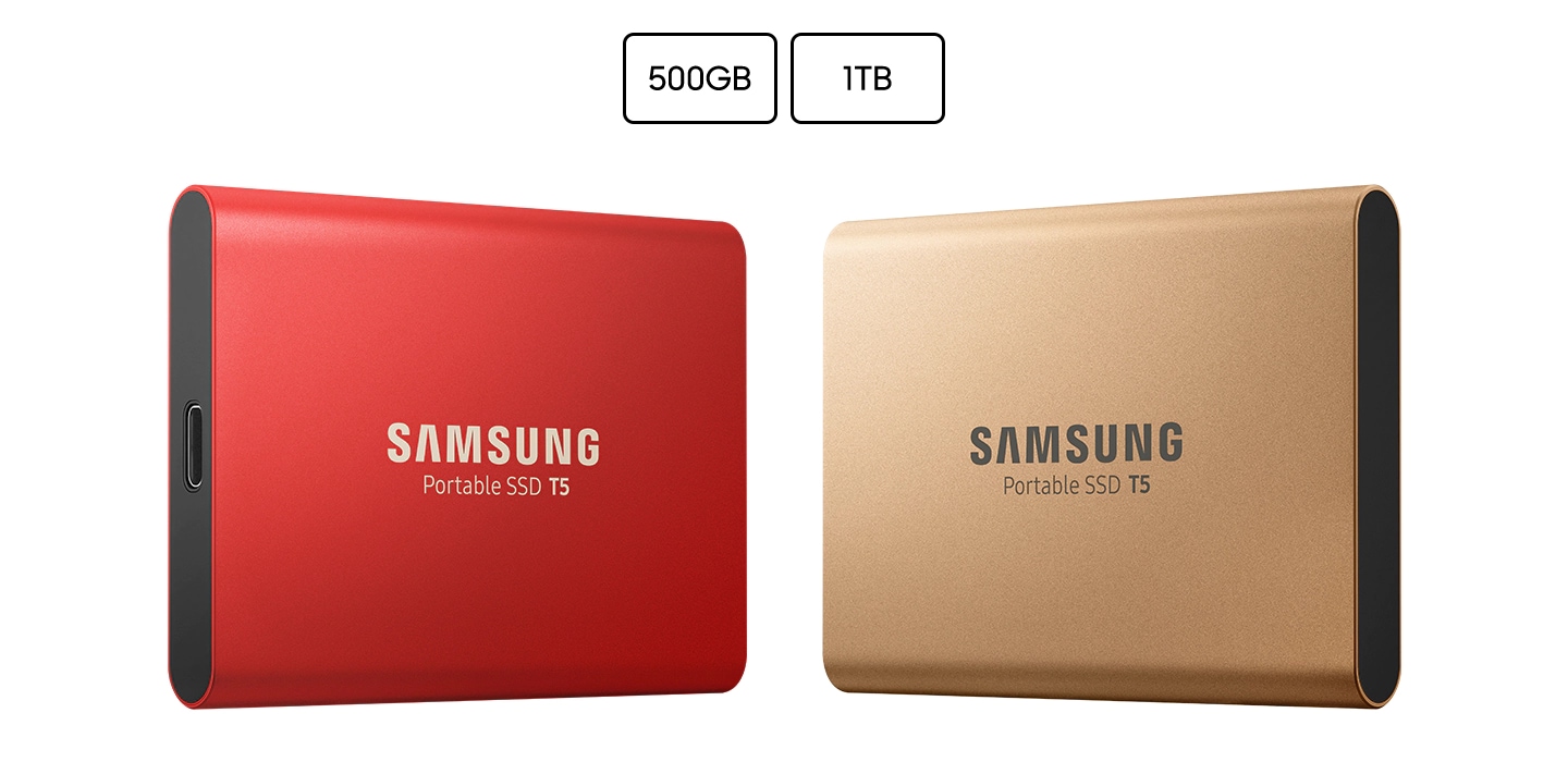 Samsung Portable SSD T5 500GB and 1TB available in Metallic Red, Rose Gold.