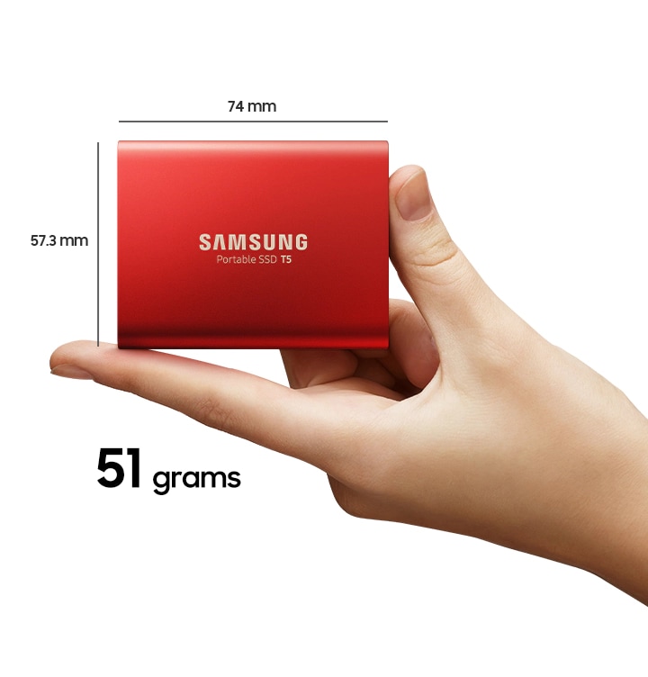 Samsung Portable SSD T5 dimension 74mm x 57.3mm and weight 51 grams.