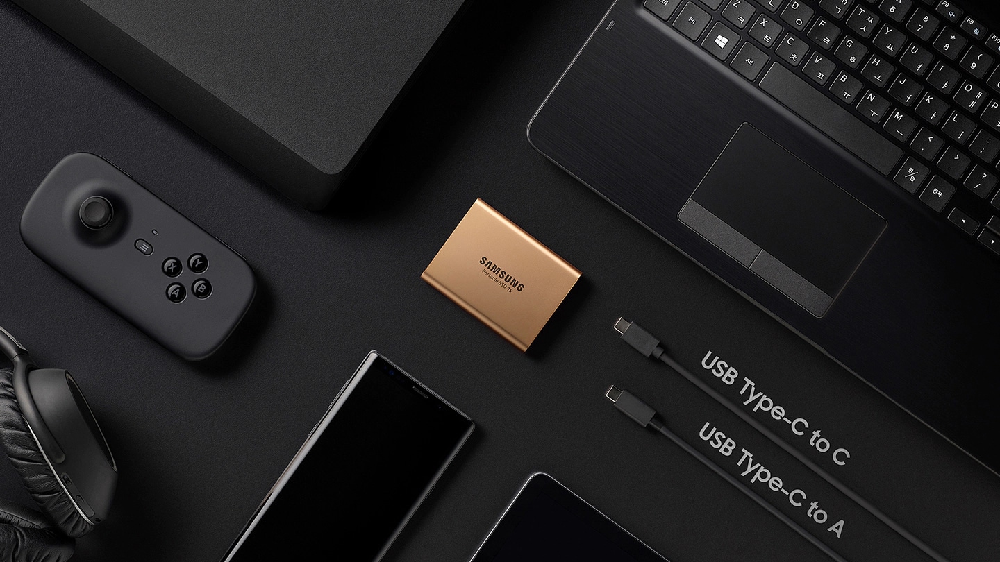 Samsung Portable SSD T5 and USB Type-C to C, USB Type- C to A among various devices including laptop, smartphone and game console.