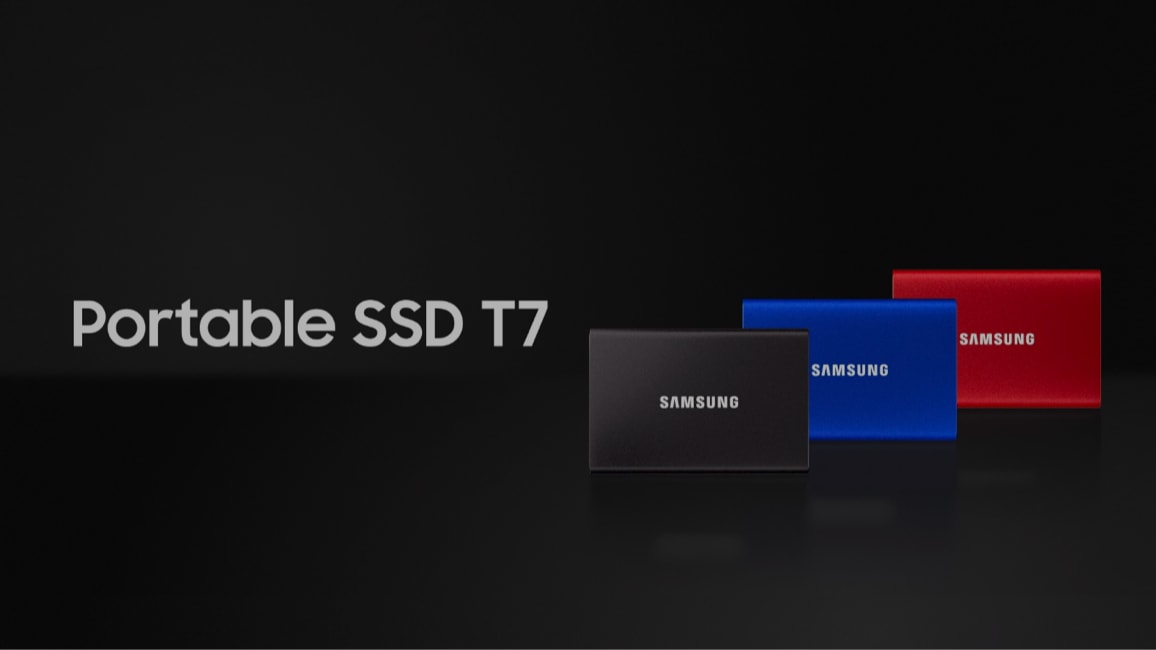 The Samsung Portable SSD T7, compact and pocket-sized, delivers fast speeds while safeguarding data.