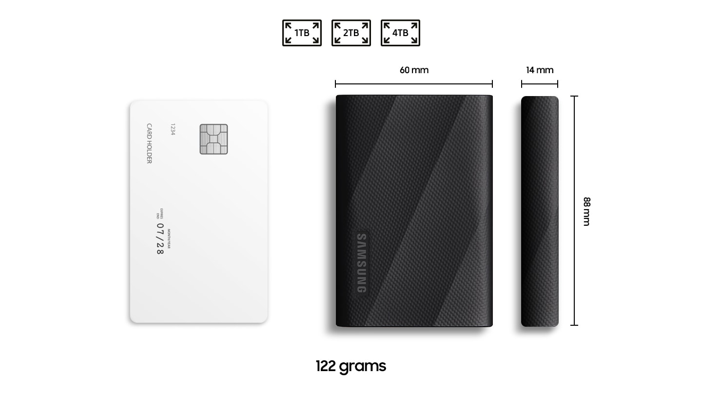 Размеры портативного твердотельного накопителя Samsung T9 составляют 60 мм в длину, 88 мм в ширину и 14 мм в высоту, что примерно соответствует размеру стандартной кредитной карты.