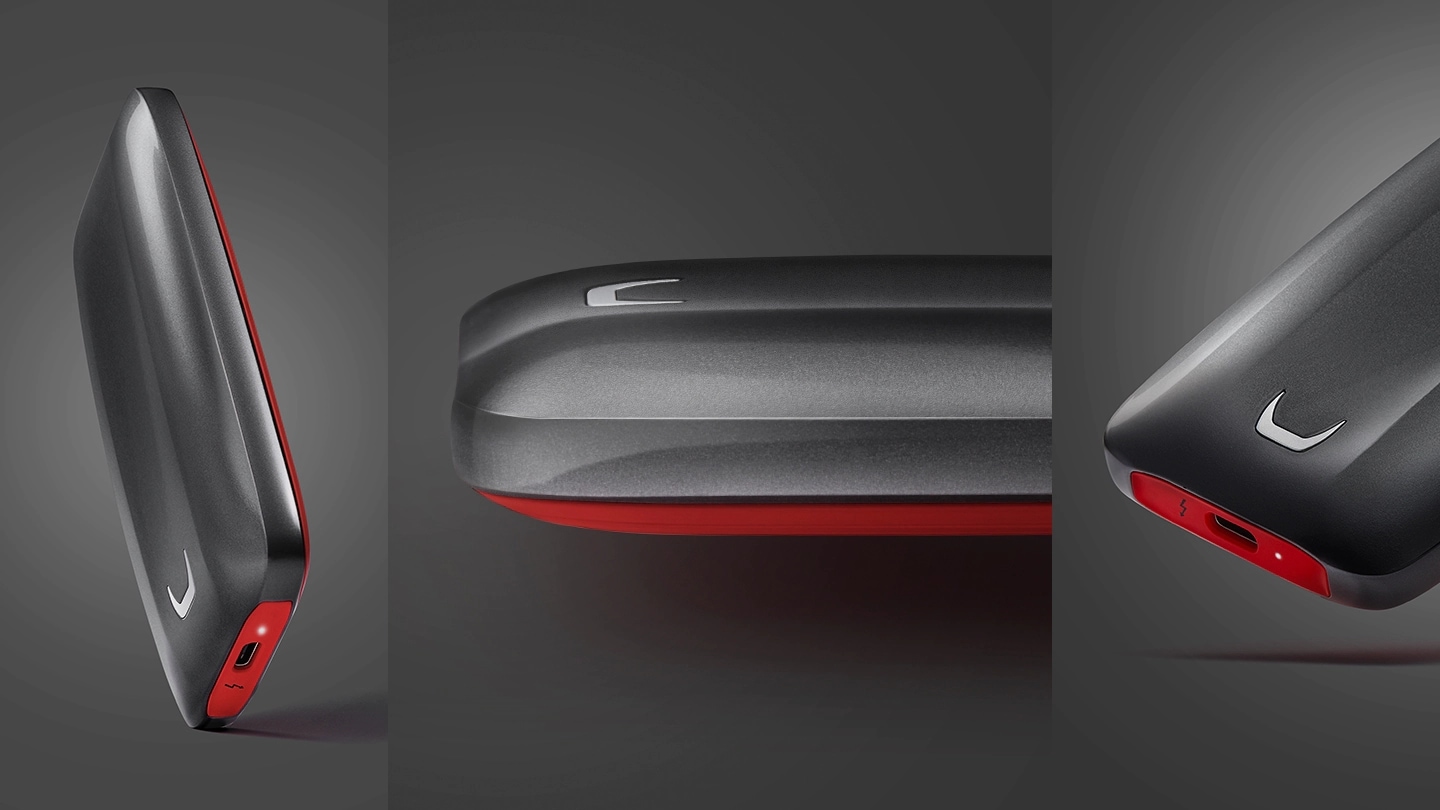 3 different angle views of Samsung Portable SSD X5, emphasizing its streamlined shape.