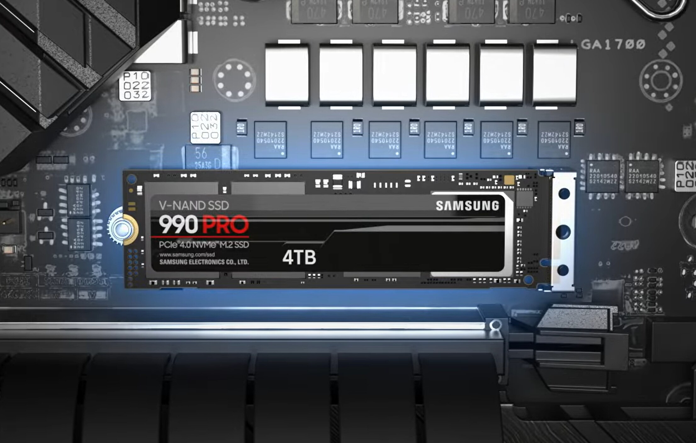 Video thumbnail showing thhe Samsung 990 PRO V-NAND SSD installed in a computer motherboard