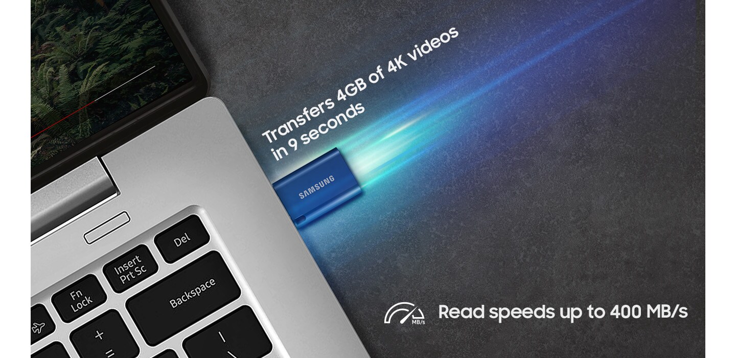 Type-C™ is plugged into the laptop, and it says 'Transfers 4GB of 4K videos in 9 seconds'. Below it, it says 'Read speeds up to 400 MB/s' and 'USB 3.2 Gen1'.
