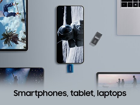 Type-C™が接続されているスマートフォンの周辺には、複数のノートパソコンとタブレットが置かれています。その下には、「スマートフォン、タブレット、ノートパソコン」と記載されています。