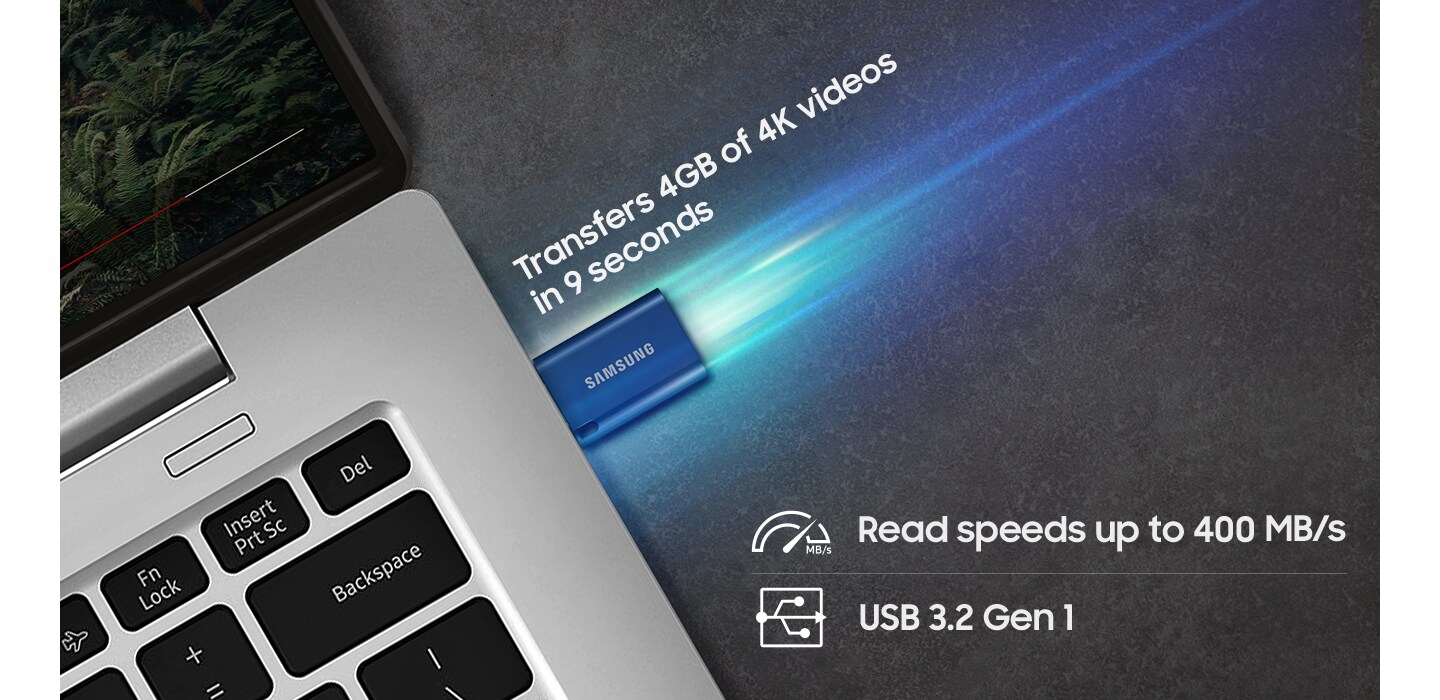 Type-C™ is plugged into the laptop, and it says 'Transfers 4GB of 4K videos in 9 seconds'. Below it, it says 'Read speeds up to 400 MB/s' and 'USB 3.2 Gen1'.
