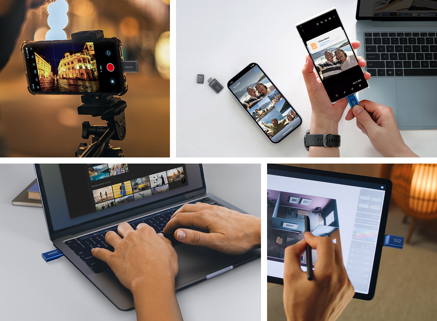 A total of four areas are used to show examples of Type-C™ usage. In the first area, video is being shot with a smartphone plugged in with Type-C™. In the second area, files are exchanged between various devices such as smartphones and laptops through Type-C™. In the third area, Type-C™ is plugged into a laptop. In the fourth and final area, the tablet is plugged in with Type-C™.